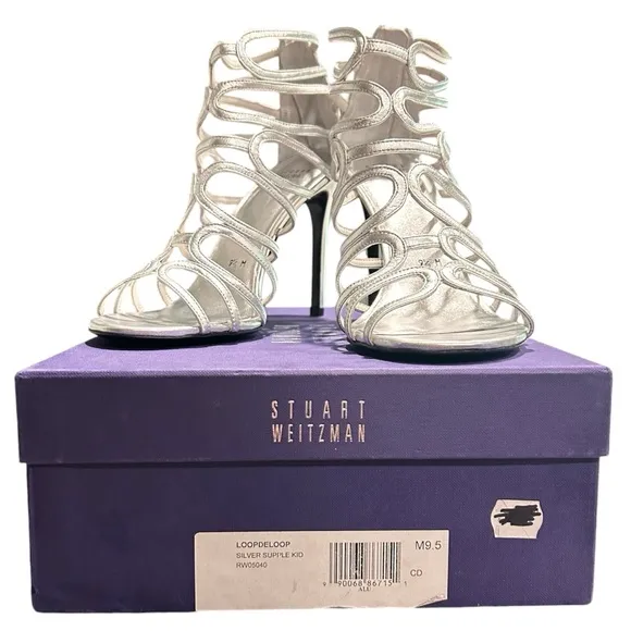 LIKE NEW Stuart Weitzman Silver Strappy Leather 4.25” Heeled Sandals Size 9.5