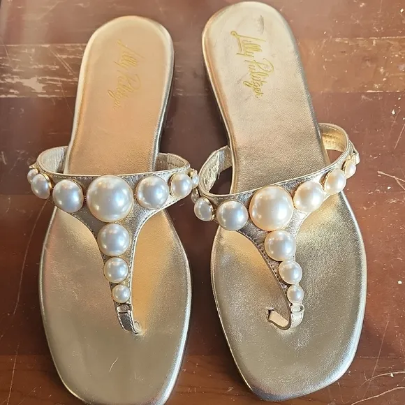 Lilly Pulitzer Cloe Gold Thong Sandals with Pearl Embellishments