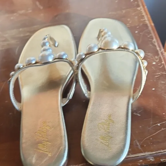 Lilly Pulitzer Cloe Gold Thong Sandals with Pearl Embellishments