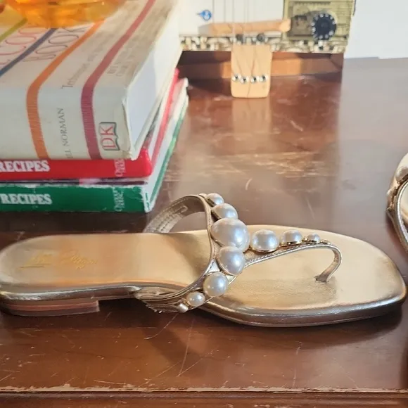 Lilly Pulitzer Cloe Gold Thong Sandals with Pearl Embellishments