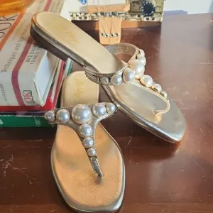 Lilly Pulitzer Cloe Gold Thong Sandals with Pearl Embellishments