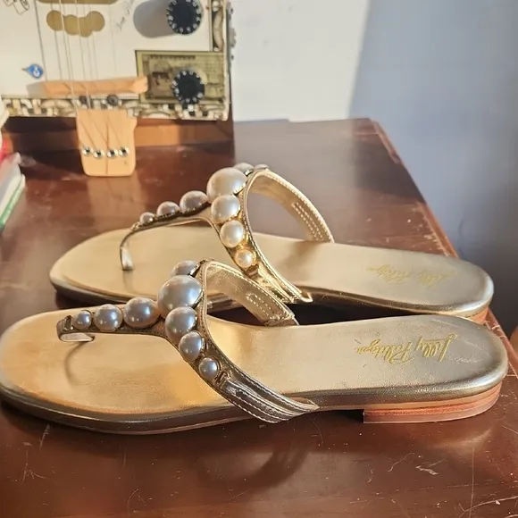 Lilly Pulitzer Cloe Gold Thong Sandals with Pearl Embellishments