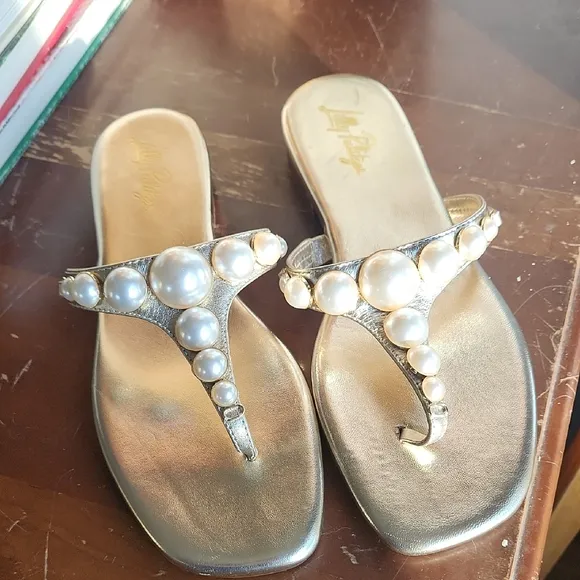 Lilly Pulitzer Cloe Gold Thong Sandals with Pearl Embellishments