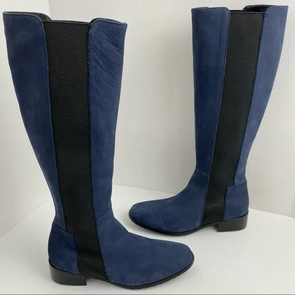 L.K. Bennett Toni Sz 38/7 Blue Nubuck Knee High Tall Stretch Riding Boots
