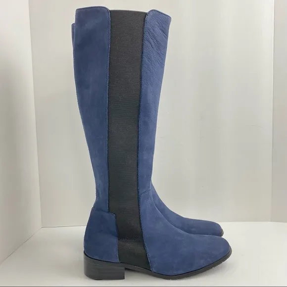 L.K. Bennett Toni Sz 38/7 Blue Nubuck Knee High Tall Stretch Riding Boots