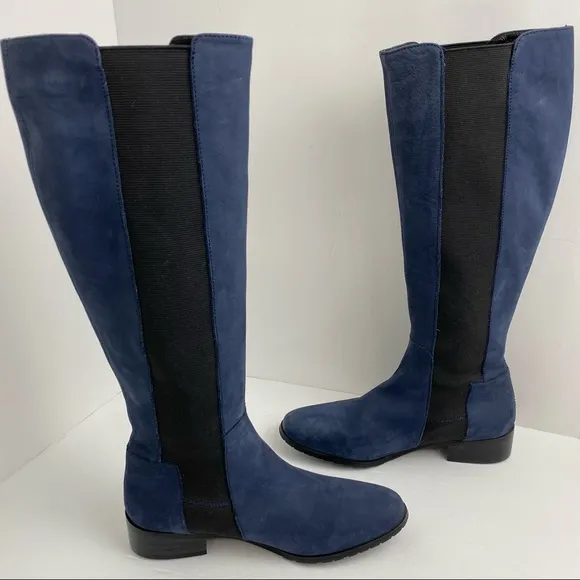 L.K. Bennett Toni Sz 38/7 Blue Nubuck Knee High Tall Stretch Riding Boots