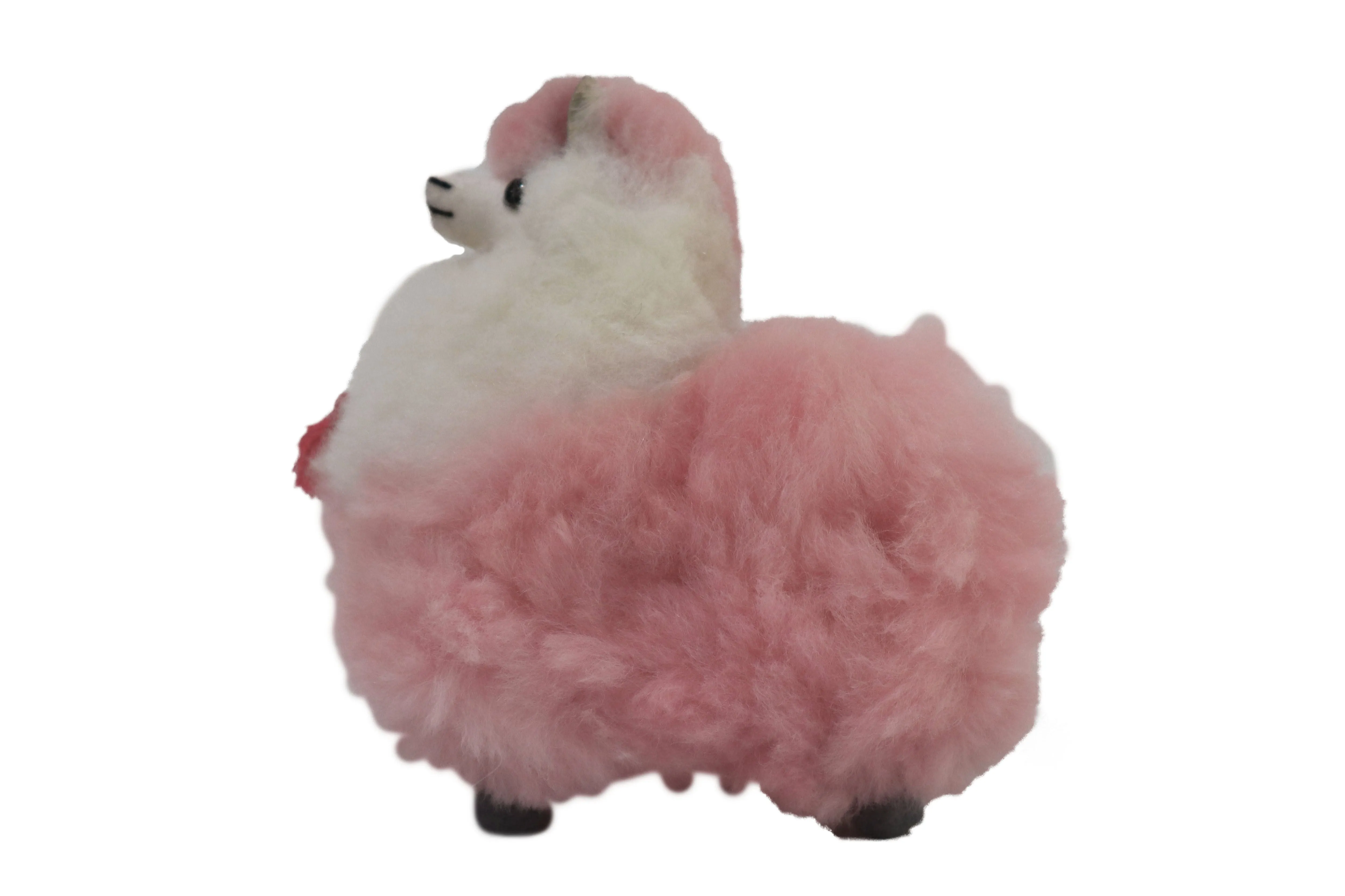 Llama Figurine Original Fur Stuffed Animal Light Pink & White Color 6.5" Inch.