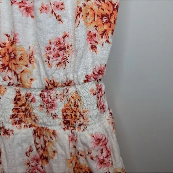 Loft Women Size S White Orange Floral Smock Ruffle Flowy Lined Dress