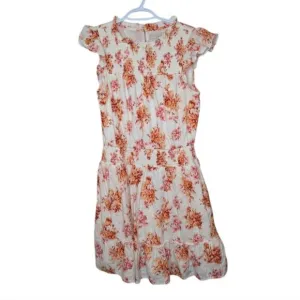 Loft Women Size S White Orange Floral Smock Ruffle Flowy Lined Dress