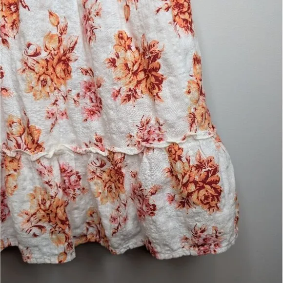 Loft Women Size S White Orange Floral Smock Ruffle Flowy Lined Dress