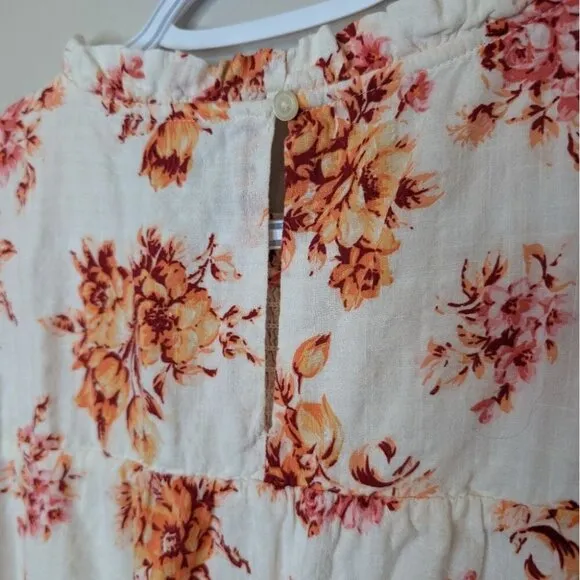 Loft Women Size S White Orange Floral Smock Ruffle Flowy Lined Dress
