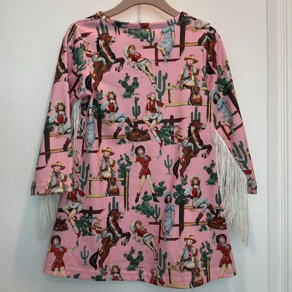 Lola &amp; The Boys Style Cowgirl Cactus Ponk White Fringe Dress Sz 2T