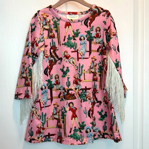 Lola &amp; The Boys Style Cowgirl Cactus Ponk White Fringe Dress Sz 2T