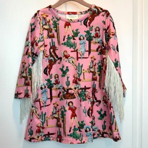 Lola &amp; The Boys Style Cowgirl Cactus Ponk White Fringe Dress Sz 2T