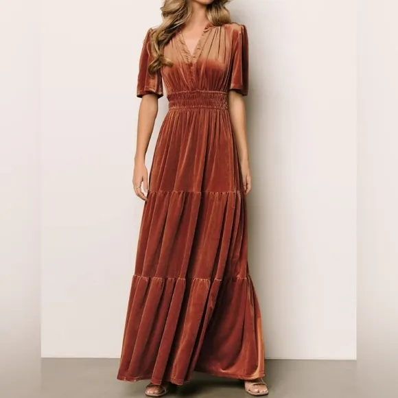 Long Velvet Maxi Gown Holiday Dress Pumpkin Pie Rust Orange V Neck Stretchy New