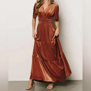 Long Velvet Maxi Gown Holiday Dress Pumpkin Pie Rust Orange V Neck Stretchy New