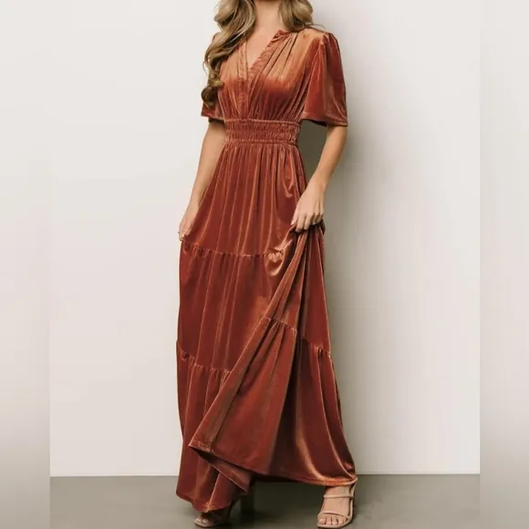 Long Velvet Maxi Gown Holiday Dress Pumpkin Pie Rust Orange V Neck Stretchy New