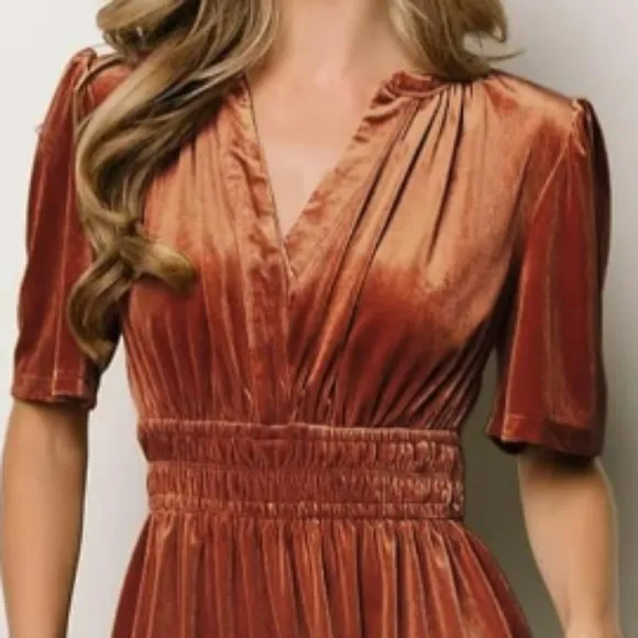 Long Velvet Maxi Gown Holiday Dress Pumpkin Pie Rust Orange V Neck Stretchy New