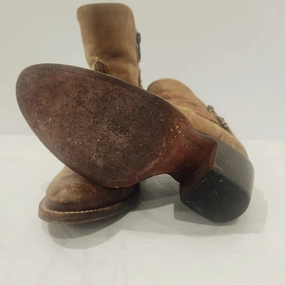 LUCCHESE “Catalina”- Brown Floral‎ Distressed Ankle Boots Dual Brass Buckle 6.5B