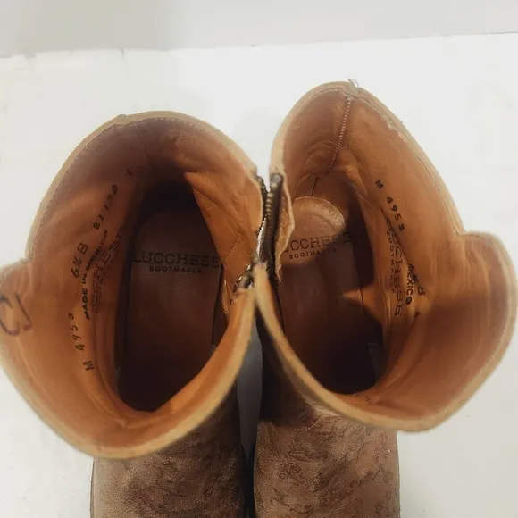 LUCCHESE “Catalina”- Brown Floral‎ Distressed Ankle Boots Dual Brass Buckle 6.5B