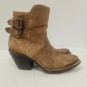 LUCCHESE “Catalina”- Brown Floral‎ Distressed Ankle Boots Dual Brass Buckle 6.5B