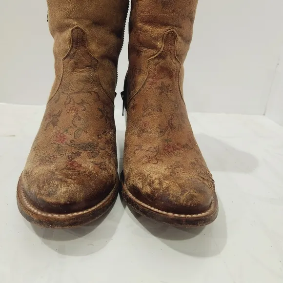 LUCCHESE “Catalina”- Brown Floral‎ Distressed Ankle Boots Dual Brass Buckle 6.5B