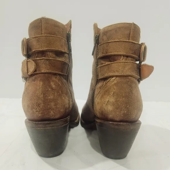 LUCCHESE “Catalina”- Brown Floral‎ Distressed Ankle Boots Dual Brass Buckle 6.5B
