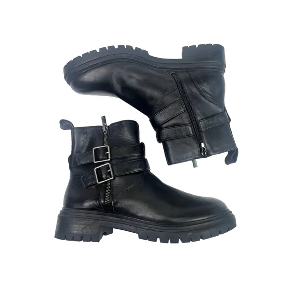Lucky Brand Womens Black Basimi Lug Sole Moto Ankle Booties Size 8.5 Zip Buckles