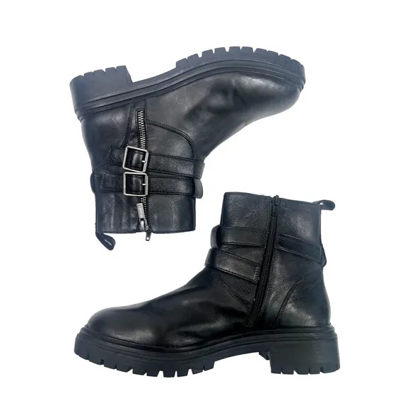 Lucky Brand Womens Black Basimi Lug Sole Moto Ankle Booties Size 8.5 Zip Buckles