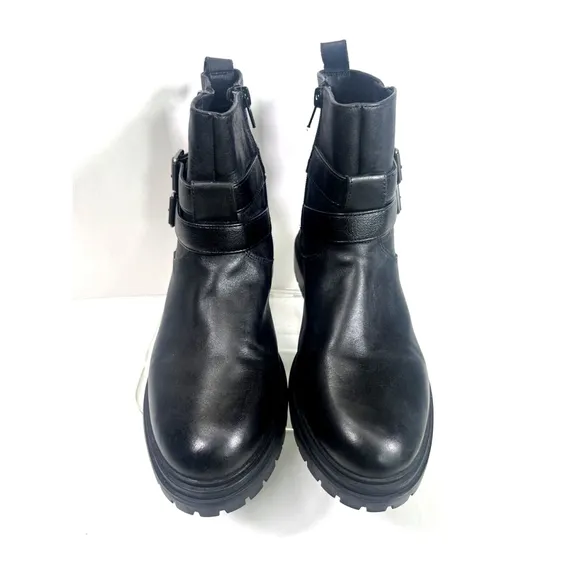 Lucky Brand Womens Black Basimi Lug Sole Moto Ankle Booties Size 8.5 Zip Buckles