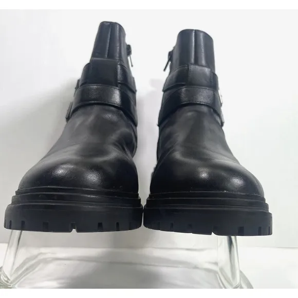 Lucky Brand Womens Black Basimi Lug Sole Moto Ankle Booties Size 8.5 Zip Buckles