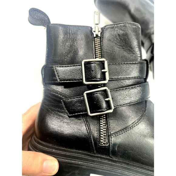 Lucky Brand Womens Black Basimi Lug Sole Moto Ankle Booties Size 8.5 Zip Buckles
