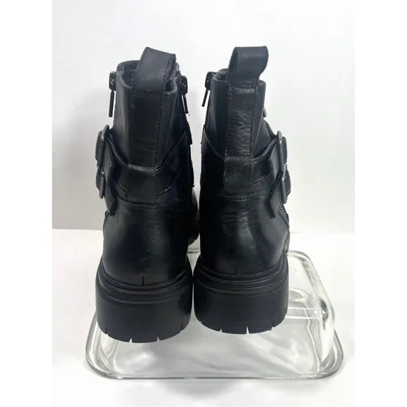 Lucky Brand Womens Black Basimi Lug Sole Moto Ankle Booties Size 8.5 Zip Buckles