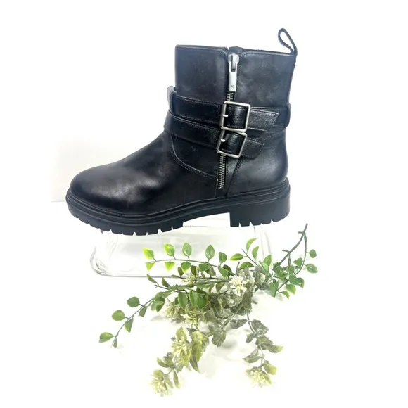 Lucky Brand Womens Black Basimi Lug Sole Moto Ankle Booties Size 8.5 Zip Buckles