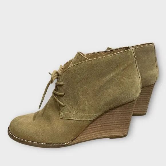 Lucky Brand Yamene Wedge Booties, 8.5. Tan brown Suede Leather lace up boots