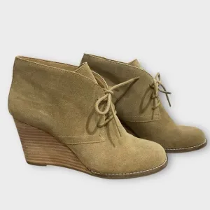 Lucky Brand Yamene Wedge Booties, 8.5. Tan brown Suede Leather lace up boots