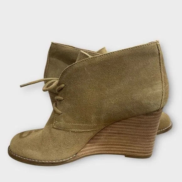 Lucky Brand Yamene Wedge Booties, 8.5. Tan brown Suede Leather lace up boots