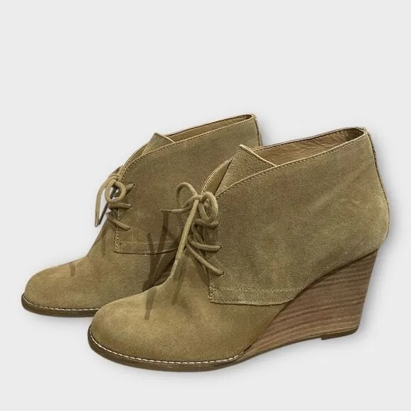Lucky Brand Yamene Wedge Booties, 8.5. Tan brown Suede Leather lace up boots