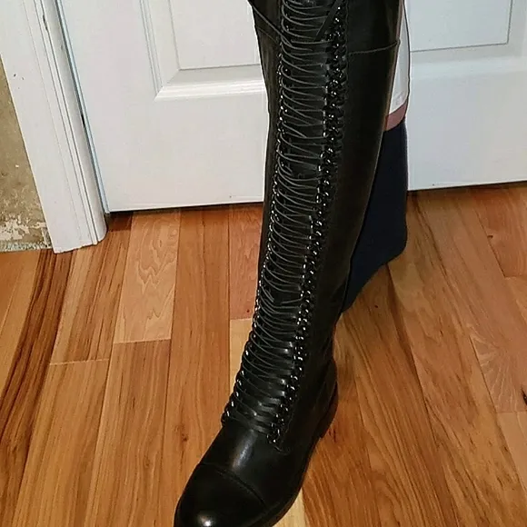 Lust For Life Black Leather knee-high Boots Laced up Gray Hardware New