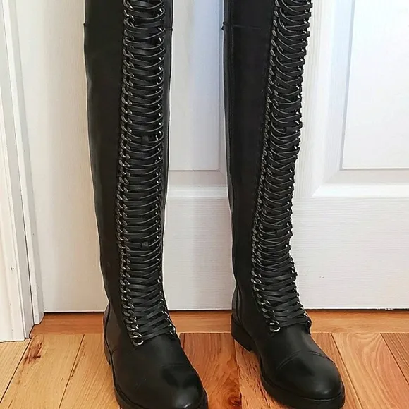 Lust For Life Black Leather knee-high Boots Laced up Gray Hardware New