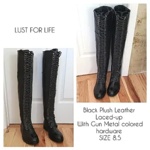 Lust For Life Black Leather knee-high Boots Laced up Gray Hardware New