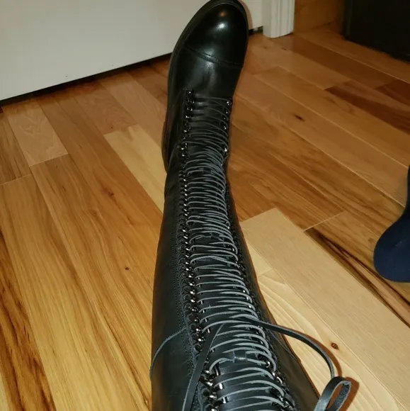 Lust For Life Black Leather knee-high Boots Laced up Gray Hardware New