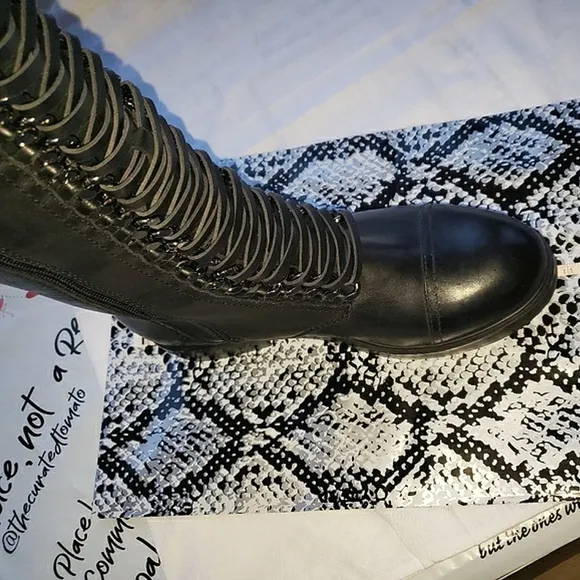 Lust For Life Black Leather knee-high Boots Laced up Gray Hardware New