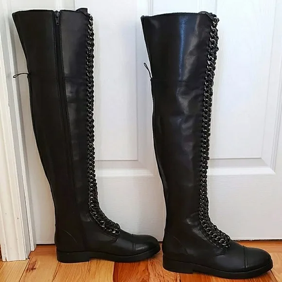 Lust For Life Black Leather knee-high Boots Laced up Gray Hardware New