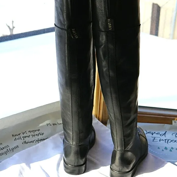 Lust For Life Black Leather knee-high Boots Laced up Gray Hardware New