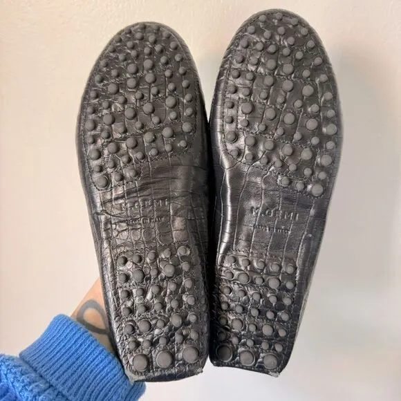 M. Gemi the Felize Shearling Mules Black Croc Embossed Slip On Loafers