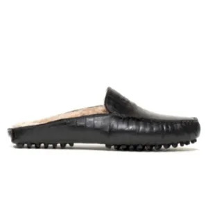 M. Gemi the Felize Shearling Mules Black Croc Embossed Slip On Loafers