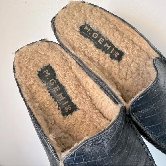 M. Gemi the Felize Shearling Mules Black Croc Embossed Slip On Loafers
