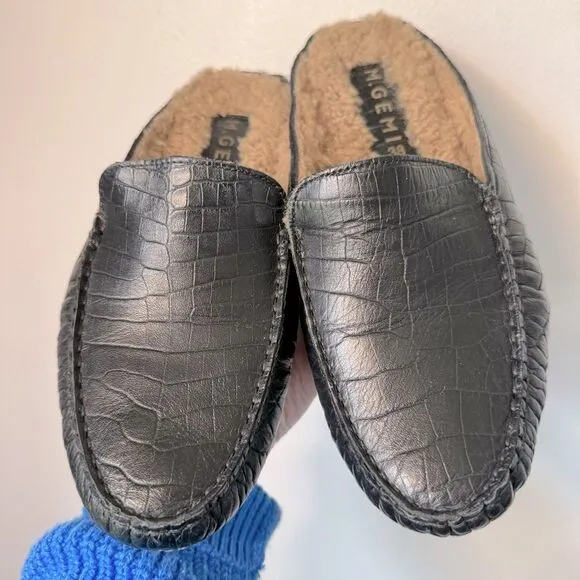 M. Gemi the Felize Shearling Mules Black Croc Embossed Slip On Loafers