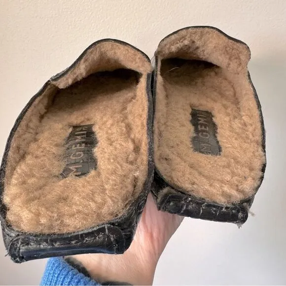 M. Gemi the Felize Shearling Mules Black Croc Embossed Slip On Loafers
